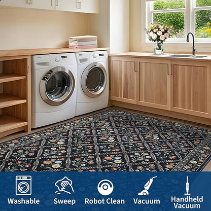 GarveeHome Living Room Rug 5x7 Rug Machine Washable Stain Resistant Area Rug Non Slip Floral Vintage Low Pile Rugs for Living Room, Bedroom, Farmhouse, Dining Room, Kids PlayroomNavy&Black
