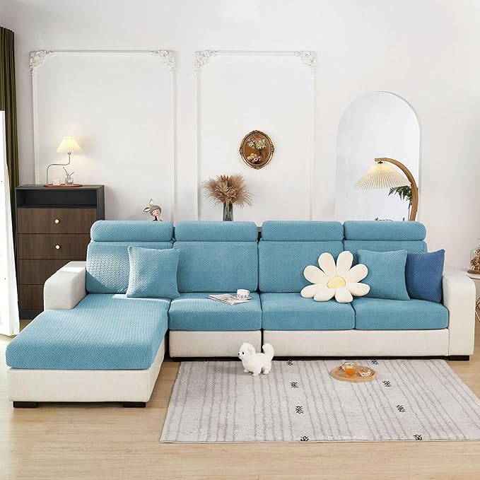 Sofa Covers Couch Covers for Sofa Pet Friendly Couch Cushion Covers Universal Sofa Covers Washable Stretch Slipcovers for Sectional Sofa (Texture Sea Blue, 2 Seats + Chaise Cover)