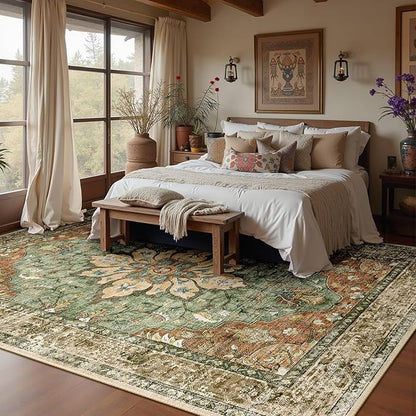 Area Rugs 8'x10' Washable Non-Slip, Floral Vintage Distress Print Pattern Medallion Carpet for Living Room Bedroom Dining Room, Brick Red Rust Neutral Brown Burnt Orange Green