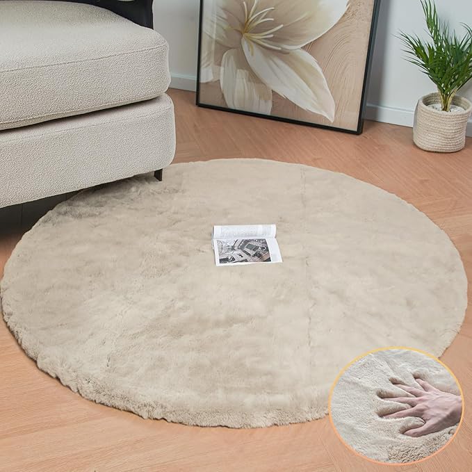 ORINOVA Camel Washable Shag Area Rugs for Living Room Small Plush Faux Bunny Shaggy Fur Round Rugs 4ft Cute Room Nursery Rug