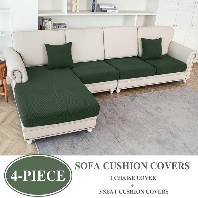 Couch Cushion Covers for Sectional Sofa L Shape Washable Separate Seat Chaise Couch Cover Stretch Sofa Slipcovers with 2 Pcs Pillowcases(3 Seater + 1 Chaise, Green)