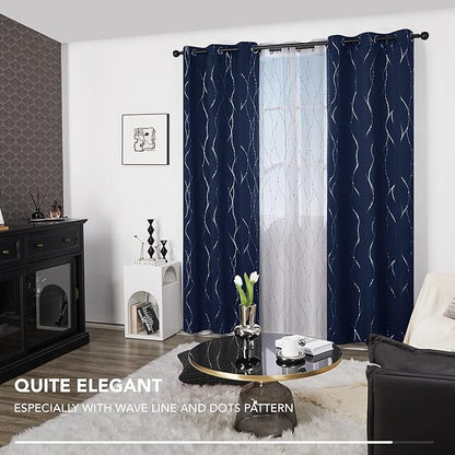 Deconovo Navy Blue Curtains, Blackout Curtain for Bedroom, 38 x 84 Inch, Thermal Insulated Soundproof Privacy Drapes with Silver Wave Dots Pattern, Grommet Top, Machine Washable Panel for Living Room