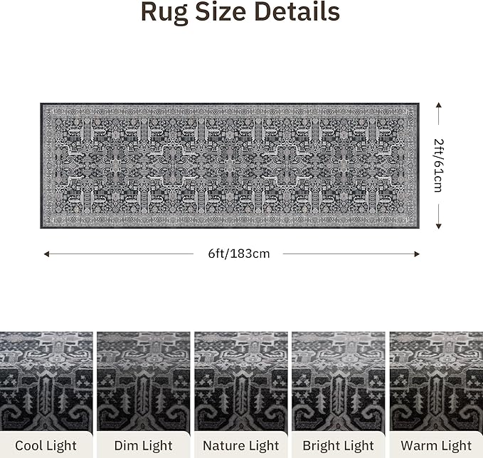 2x6 Hallway Washable Runner Rug - Soft Non Slip Vintage Rugs for Entryway Low-Pile Farmhouse Neutral Kitchen Runners Living Room Floor Mat Stain Resistant Distressed Carpet for Bedroom Bathroom Black
