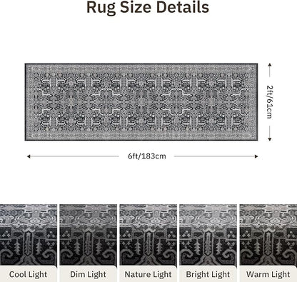 2x6 Hallway Washable Runner Rug - Soft Non Slip Vintage Rugs for Entryway Low-Pile Farmhouse Neutral Kitchen Runners Living Room Floor Mat Stain Resistant Distressed Carpet for Bedroom Bathroom Black