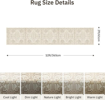 Hallway Washable Runner Rug 2x12 - Non Slip Vintage Kitchen Runner Rugs for Entryway Low-Pile Waterproof Long Runners for Living Room Bedroom Medallion Indoor Floor Mat for Bathroom Laundry Beige