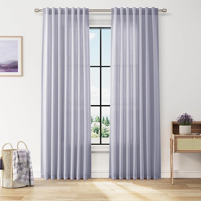 Nanspring Lavender Purple Linen Curtains 84 Inch Length 2 Panels Set for Living Room Boho Decor Light Filtering Semi Sheer Curtain Back Tab Modern Luxury Drapes for Bedroom Office 52x84