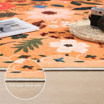 Rugcomf Bedroom Rug 3x5 Rug Washable Area Rug Non Slip Low Pile Boho Floral Small Carpet for Bedroom, Bedside, Kitchen, Entryway, Kids Room, Office, College Dorm Essentials for Girls(Yellow)
