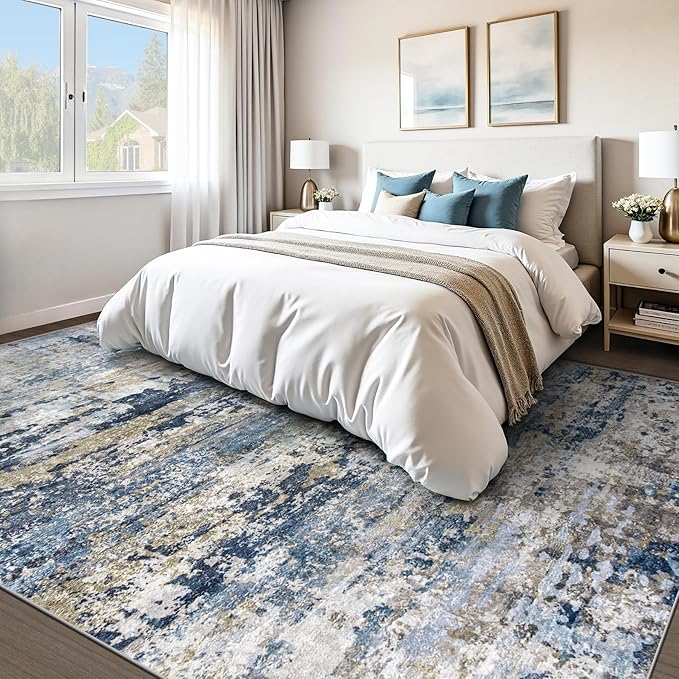 pmtsns Area Rugs 9x12 for Living Room: Washable Rug Modern Abstract Neutral Soft Non-Slip Low-Pile Indoor Large Carpet for Bedroom Dining Room Playroom Home Office (Blue Grey Brown, 9'x12')