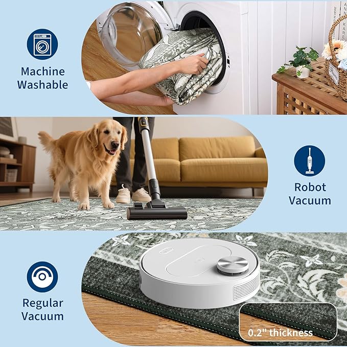 GarveeHome Provence 5x7 Area Rugs, Botanical Grove Soft Cottagecore Non-Slip Washable Rug for Bedroom Living Room Nursery Kitchen Low-Pile Retro Carpet Gray Fog Green