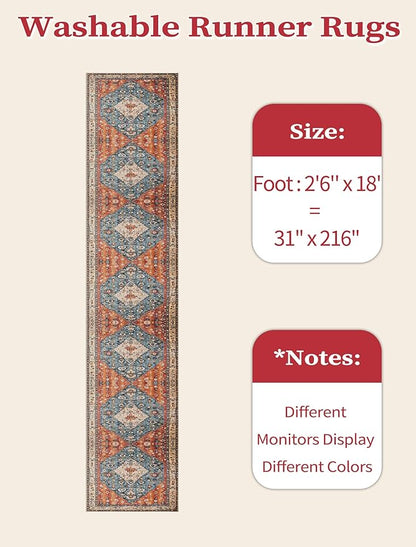 SERISSA Runner Rug for Hallways, 2'6"x18' Washable Non Slip Kitchen Runner Rug, Extra Long Boho Rug Ultra Soft Vintage Tribal Print Floor Carpet for Hallway Living Room Dining Room Bedroom