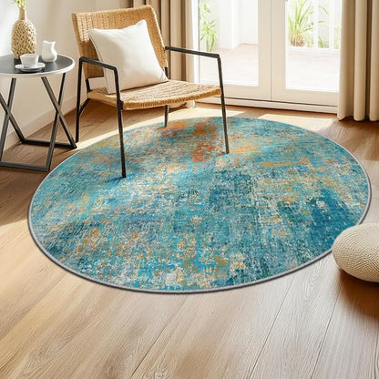 Washable Area Rugs 4ft Non-Slip Modern Abstract Soft for Living Room Entryway Bedroom Nursery, Print Pattern, Teal Blue Green Orange Rust Red Coloreful