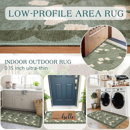 Front Door Mat Indoor Entrance - 2x4.3 Ft Floral Washable Layered Doormat Outdoor Entrance Porch Rug Non-Slip Sage Green Boho Runner Rug for Kitchen Hallway Bedroom Laundry Room Porch Decor