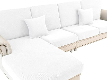Couch Cushion Covers for Sectional Sofa L Shape Washable Separate Seat Chaise Couch Cover Stretch Sofa Slipcovers with 2 Pcs Pillowcases(3 Seater + 1 Chaise, White)