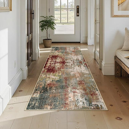 Washable Area Rugs 2'6''x8 Non-Slip Modern Abstract Soft for Living Room Entryway Bedroom Nursery, Print Pattern, Brown Rust Red Green Blue Multi
