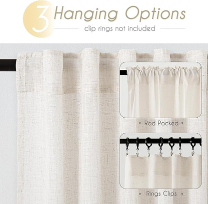 Natural Linen Curtains for Living Room Back Tab Modern Farmhouse Semi Sheer Natural Linen Curtains 45 inches Long 2 Panels Set Muted Neutral Window Curtain for Dining Room Bedroom 52x45