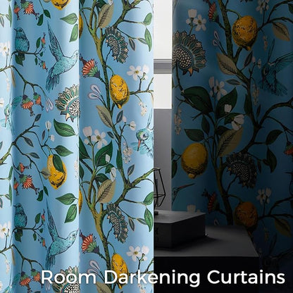 Topfinel 54 Inches Long Short Blue Blackout Curtains for Cafe Kitchen, Grommet Room Darkening Luxury Floral Lemon Hummingbird Patterned Waverly Colorful Drapes for Living Room Bedroom