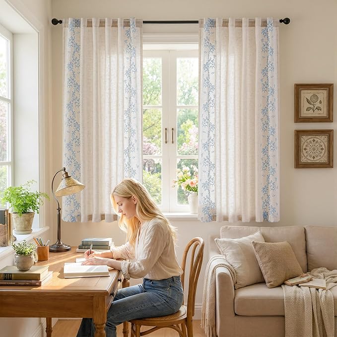 jinchan Evelyn Embroidered Linen Curtains 63 inch Floral Curtains for Living Room Bedroom Farmhouse Cottagecore Semi Sheer Light Filtering Window Drapes Rod Pocket Back Tab 2 Panels W50 x L63 Blue