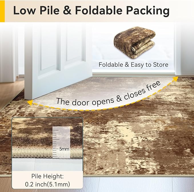 Washable Area Rugs Square 8ft Non-Slip Modern Abstract Soft for Living Room Entryway Bedroom Nursery, Print Pattern, Brown Tan Beige Coffee