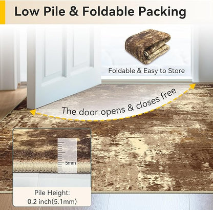 Washable Area Rugs 2'x8' Non-Slip Modern Abstract Soft for Living Room Entryway Bedroom Nursery, Print Pattern, Brown Tan Beige Coffee