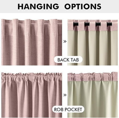 MIULEE 100% Blackout Linen Curtains for Bedroom, Pink Solid Luxury Decor Thermal Insulation Room Darkening Drapes for Living Room Nursery Back Tab Rod Pocket 42 x 96 Inches, 2 Panels