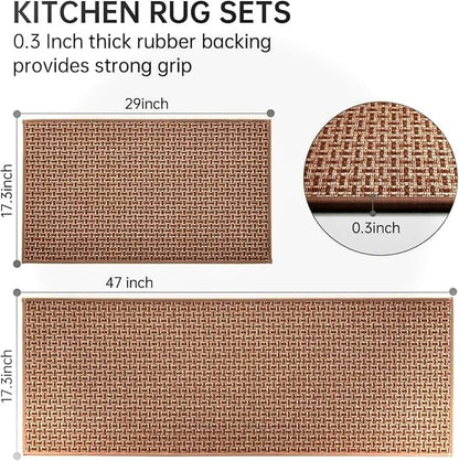 eqivei Kitchen Rugs and Mats Non Skid Washable Set of 2 PCS, Absorbent Runner Rugs for Kitchen, Farmhouse Weave Floor Mats in Front of Sink, 17.3"x 47"+17.3"x 29" (Brown)