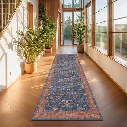 Hazo Haus Washable 3x8 Long Runner for Wide Kitchen Floor - Navy Blue 8ft Hallway Runner Rug, Pet Friendly Waterproof Non Slip with Rubber Backing, Stain Resistant Area Rug