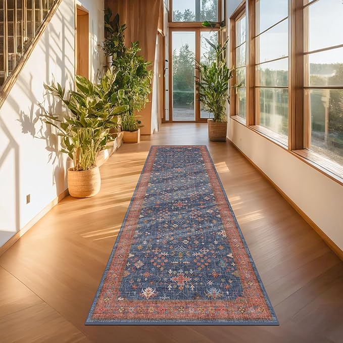 Hazo Haus Navy Blue Runner Rug 2x6 for Kitchen, Hallway, Mudroom, Laundry Room, Bathroom, Washable Non Slip Non Skid Rubber Backing Low Pile Stain Resistance