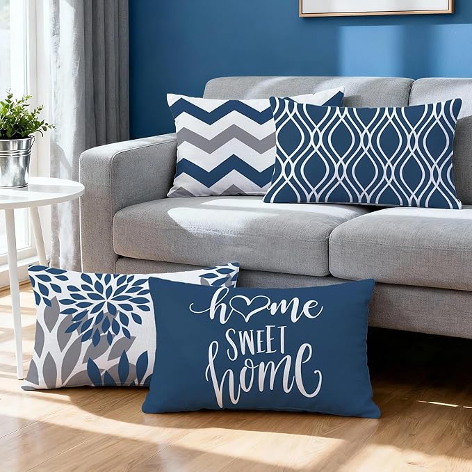 Hexagram Geometric Blue Pillow Covers 12x20 Set of 4, Decorative Outdoor Boho Modern Throw Pillow Covers, Home Sweet Home Farmhouse Cushion Case for Couch Sofa Bedroom Indoor Decor(No Insert)
