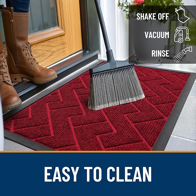 OLANLY Front Door Mat Indoor Outdoor Entrance, Waterproof All-Season, All-Weather Doormat, Sturdy Natural Rubber, Low Profile, Easy Clean Patio Porch Entryway Mat, Herringbone Brick (Wine Red, 59x23)