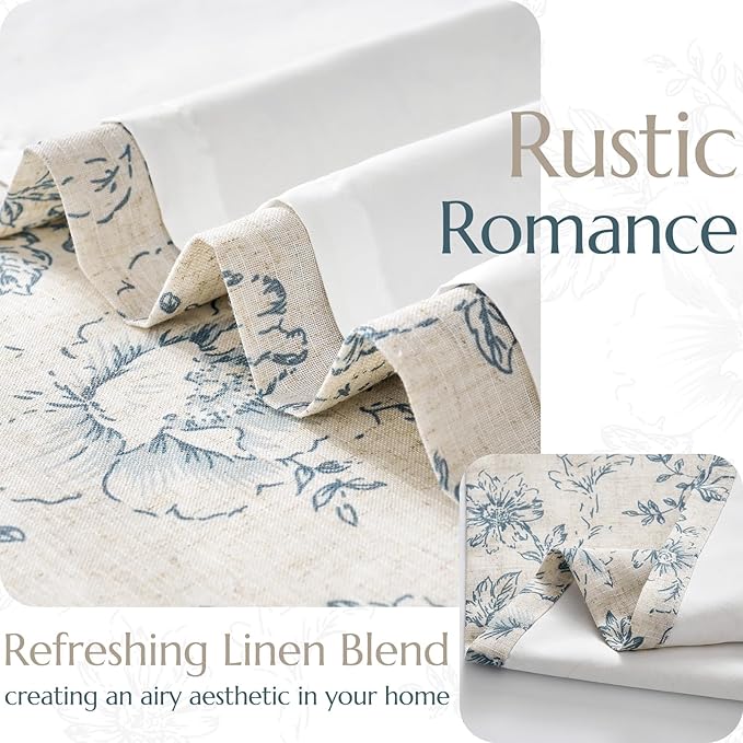 jinchan Lined Linen Blend Curtain Floral Curtains for Living Room 63 Inch Length Blue Peony Flower Printed Curtain Rod Pocket Back Tab Farmhouse Patterned Drapes Bedroom Window Curtains Set 2 Panels