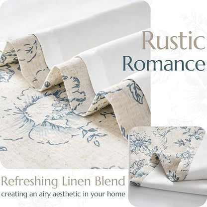 jinchan Lined Linen Blend Curtain Floral Curtains for Living Room 63 Inch Length Blue Peony Flower Printed Curtain Rod Pocket Back Tab Farmhouse Patterned Drapes Bedroom Window Curtains Set 2 Panels