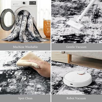 Rugflix 5x7 Area Rugs for Living Room, Washable Large Rug Stain-Resistant Low Pile, Modern Dark Carpet for Dining Room Home Office Kid Room Nursery Bedroom, Black Grey