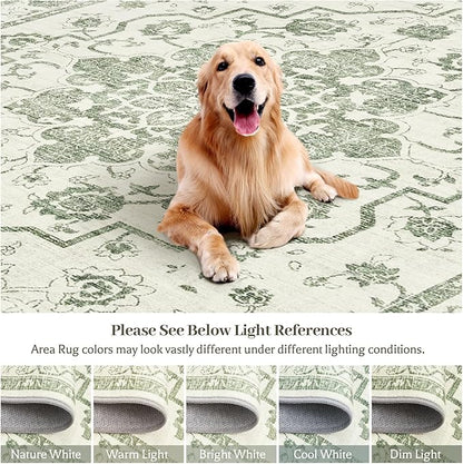 Madane 6x9 Area Rugs for Living Room, Vintage Stain Resistant Area Rug, Washable Floral Print Thin Floor Carpet with Non-Slip Backing for Bedroom Dining Room, Green/Ivory