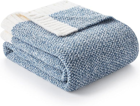 Snuggle Sac Blue Throw Blankets for Couch, Reversible Super Soft Warm Blankets Cozy Knit Blanket Fuzzy Plush Throws for Sofa, Bed, Gift, Heather Blue, 50 x 60 inches