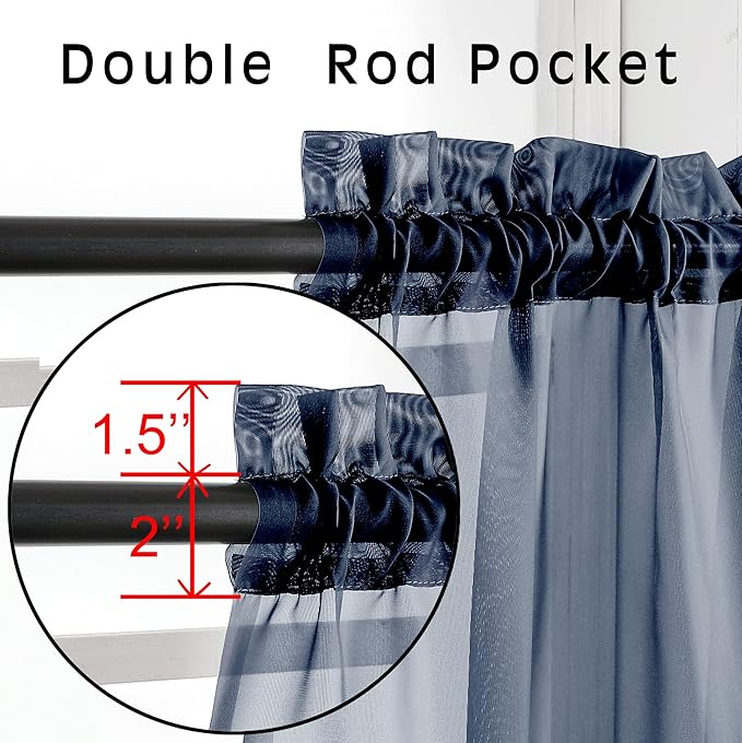 OVZME Navy Blue Sheer Curtains 2 Panels with Dual Rod Pocket, Light Filtering Treatment Window Drapes for Kitchen Dining Room, Bedroom, Each 42 Width by 63 Length.