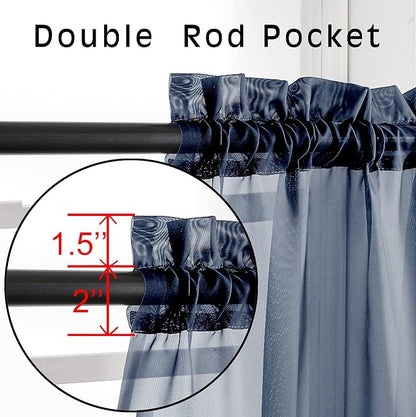 OVZME Navy Blue Sheer Curtains 2 Panels with Dual Rod Pocket, Light Filtering Treatment Window Drapes for Kitchen Dining Room, Bedroom, Each 42 Width by 63 Length.