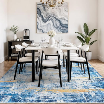 Rugflix 8x10 Area Rugs for Living Room, Washable Large Rug Stain-Resistant Low Pile, Modern Carpet for Dining Room Home Office Kid Room Nursery Bedroom, Blue Gold