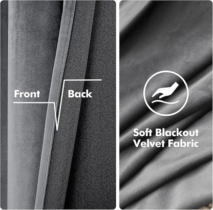 MIULEE 2 Panels Velvet Curtains Solid Soft Grommet Grey Curtains Blackout Thermal Insulated Soundproof Room Darkening Curtains/Drapes/Panels for Living Room Bedroom 52 x 90 Inch