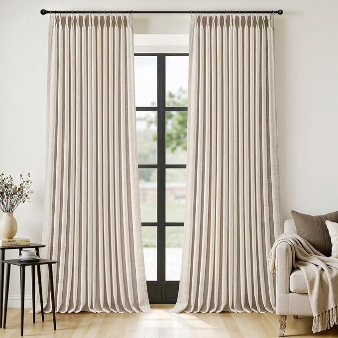 MIULEE Pinch Pleated Thick Linen Curtains 102 Inches Long 2 Panels for Living Room Bedroom, Pinch Pleat Drapes Back Tab Memory Trained Semi Sheer Privacy Neutral Ivory Cream Farmhouse Window Curtains