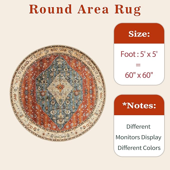 SERISSA Boho Round Area Rug, 5ft Washable Non-Slip Circle Rug, Ultra Soft Oriental Vintage Tribal Low-Pile Circular Carpet for Bedroom Entryway Kids Room Office College Dorm Living Room