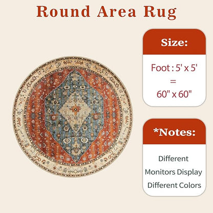 SERISSA Boho Round Area Rug, 5ft Washable Non-Slip Circle Rug, Ultra Soft Oriental Vintage Tribal Low-Pile Circular Carpet for Bedroom Entryway Kids Room Office College Dorm Living Room