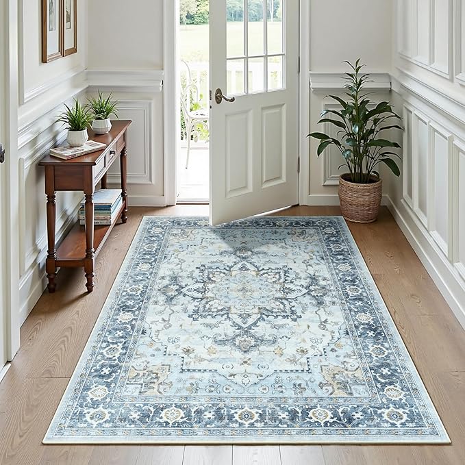 Lofus 6x9 Area Rugs for Living Room, Machine Washable Non-Slip Area Rug, Low Pile Large Rugs for Bedroom, Kitchen, Dining Room, Home Office, Vintage Oriental Print Rug, Blue Gold