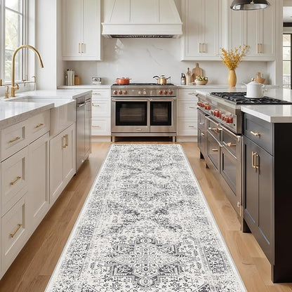 Hallway 3x10 Runner Rug - Vintage Non-Slip Long Rug for Entryway Low-Pile Washable Medallion Runner Rugs for Hallway Waterproof Traditional Runner Rug Indoor Thin Rug for Kitchen (Grey)