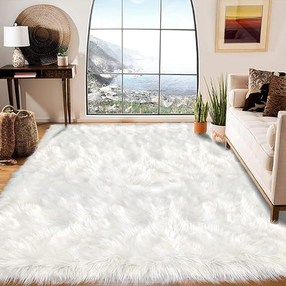 Latepis Large Area Rugs 6.7x10 Big White Faux Sheepskin Fur Rug for Living Room Washable Fluffy Rug for Bedroom High Pile Plush Shaggy Rugs Home Décor Rectangle