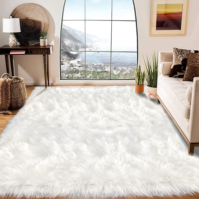 Latepis White Faux Fur Rug 8x10, Faux Fur Sheepskin Rug for Living Room, Fluffy Washable Fuzzy Rugs Carpet for Bedroom, Luxury Room Decor, Rectangle
