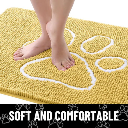 Smiry Dog Door Mat for Muddy Paws, Absorbent Dirt Trapper Non Slip Quick Dry Washable Chenille Mat for Mud Dogs, Entry Rug for Indoor and Outdoor (36x24 Inches, Yellow and White)