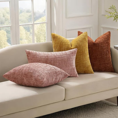 decorUhome Summer Pink Chenille Throw Pillow Covers 12x20 Set of 2 Textured Soft Cozy Slubby Couch Pillow Covers Modern Farmhouse Boho Decorative Pillow Cases for Bed Sofa Living Room