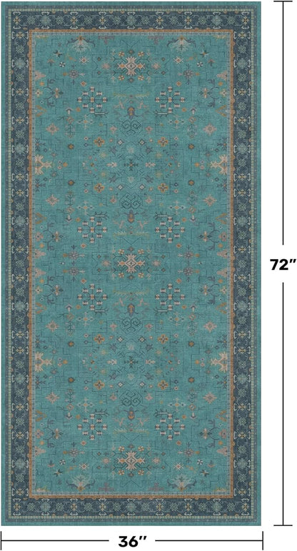 Hazo Haus Teal 3x6 Wide Non Slip Kitchen Rug - Washable Front Door Runner Indoor Entrance, Vintage Floral Pattern Indoor Decor, Non Slip Soft Low Pile Fade Resistant