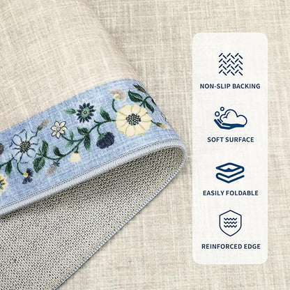 GarveeHome Entryway Rug 2x6 Modern Bordered Runner Rug Washable Kitchen Runners for Hallway Non-Slip Low-Pile Soft Carpet Floral Print Bathroom Mat for Bedroom Laundry Room, Beige