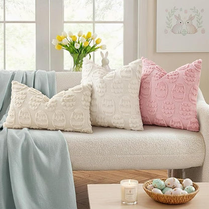 decorUhome Easter Cream White Egg Pillow Covers 20x20 Inch Set of 2, Soft Plush Faux Wool Jacquard Cushion Covers, Farmhouse Neutral Fuzzy Spring Easter Holiday Decor for Couch Sofa Bed